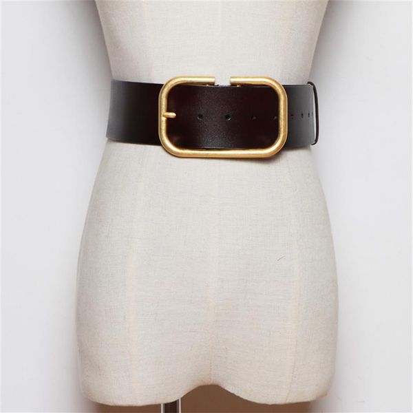 

fashion genuine leather wide belts for women gold color buckle corset belt female luxury designer brand waistband vintage j1209216o, Black;brown