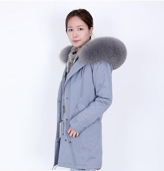 Grey White Rex Rabbit Fur forro de jaqueta longa feminina ao ar livre Parkas Gray Fox Fur Trim Mukla Furs Brand