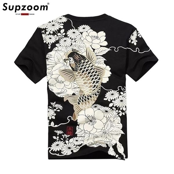 

arrival hip hop knitted tshirt homme t shirt men goods embroidery with short carp tattoo o-neck cotton casual 220512, White;black