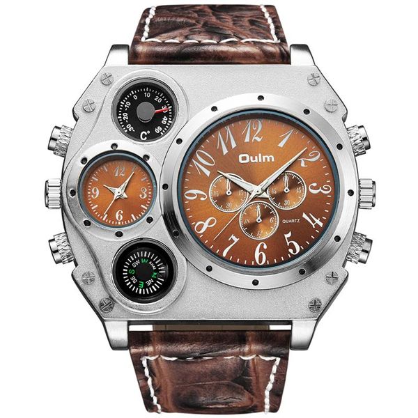 

wristwatches creative military men quartz watches function big dial waterproof leather strap male clock compass thermometer decoration sport, Slivery;brown