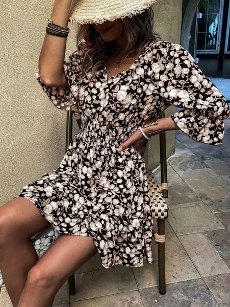 

floral print flounce sleeve shirred ruffle hem dress 896z#, Black;gray