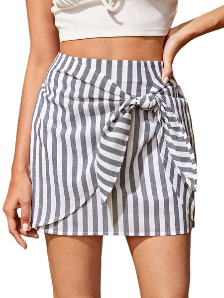 

striped print tie front skirt o5u1#, Black