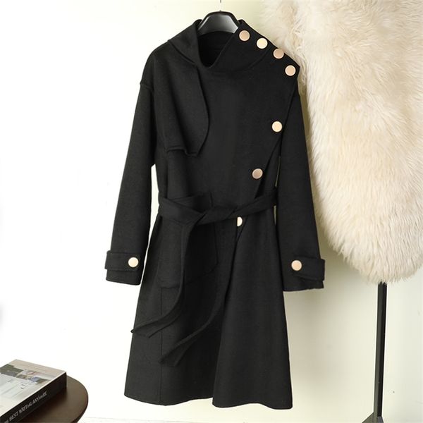 

the spring of 2020 the new double-sided cashmere coat female long thickening han edition hepburn wind coat wet cloth lj200928, Black