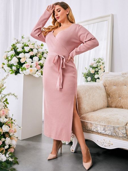 

sbetro plus surplice neck split thigh belted dress g7k5#, Black