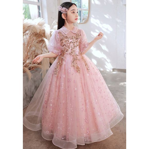 Vestidos de menina de flores rosa baratas de lantejoulas de laca de renda tutu vintage vestidos bebês para a comunhão boho casamento 403