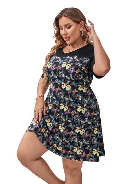 

plus butterfly print dress n3dq#, Black