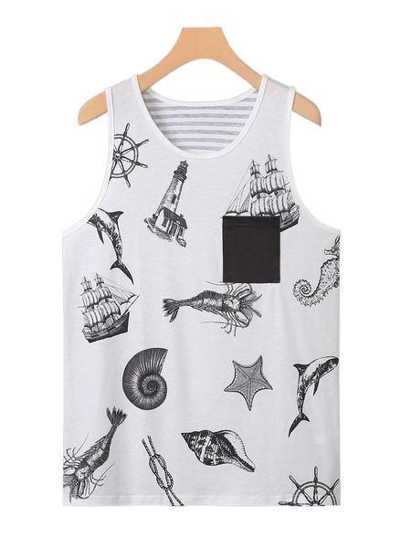 

men conch & sailboat print patched pocket tank d99l#, White;black