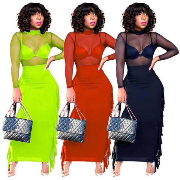 

two piece dress women neon green long sleeve perspective mesh and skirt two-piece sets ladies casual praty nightclub outfit, White