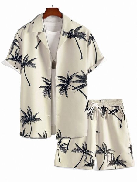 

men random palm tree print shirt & drawstring waist shorts without tee 41bz#, Gray