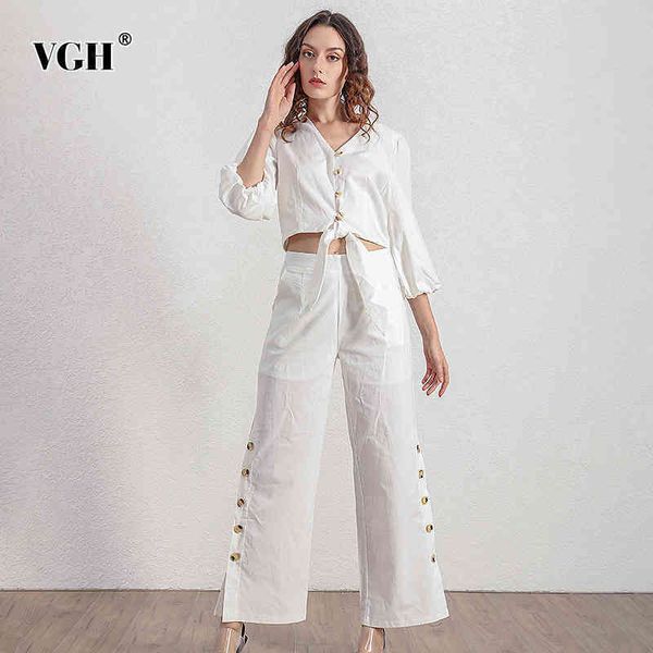 

elegant two piece set for women v neck puff sleeve lace up short high waist wide leg pants casual suits female 210507, White