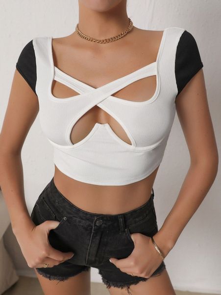

cut out contrast panel crop tee a056#, White