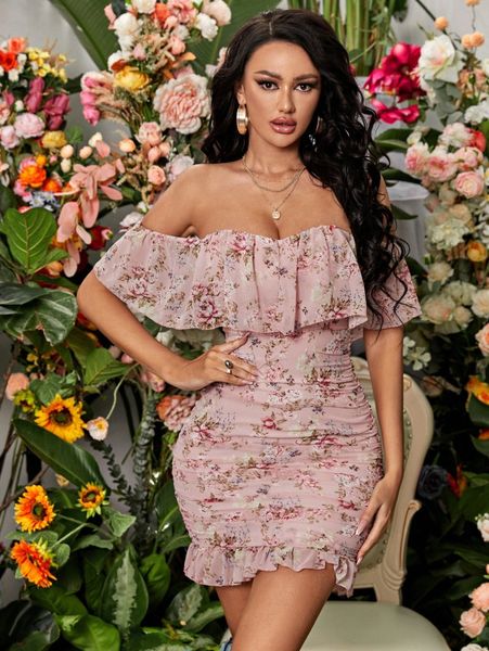 

sxy floral print ruffle hem dress a9gs#, Black;gray