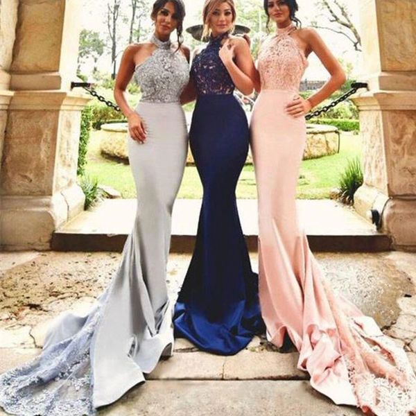 

2022 elegant halter bridesmaid dresses mermaid backless lace appliques matte satin floor length maid of honor wedding guest gown for wedding, White;pink