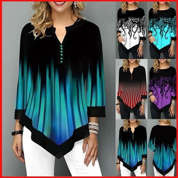 

spring summer 3/4 sleeve print t-shirts irregular women clothing fashion casual plus size loose pullovers tee shirt femme 220326, White