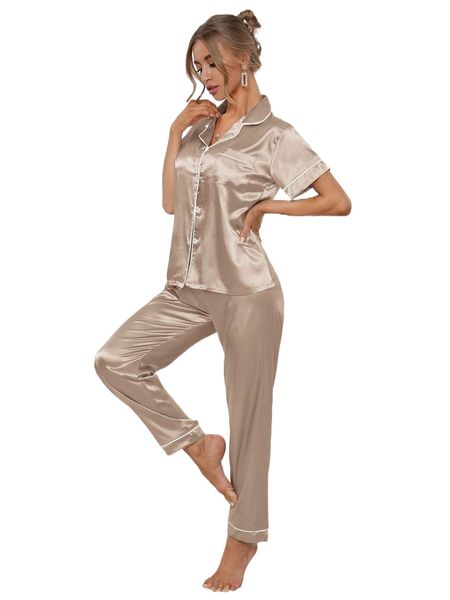 

contrast binding trim satin blouse and pants pj set c3fq#, Black;red
