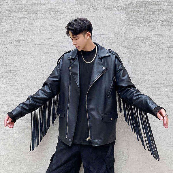 

men winter padded cotton thicken tassel pu leather streetwear hip hop punk motorcycle jacket male vintage coat outerwear t220728, Black