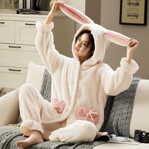 Женская фланелевая пижама с капюшоном зимняя пижама, набор кролика осень и теплый коралловый бархатный костюм женский ночной одежда 2021 L220803
