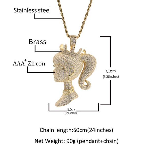 

hip hop aaa cz stone paved bling iced out crown barbie queen pendants necklace for men women rapper jewelry gift, Silver
