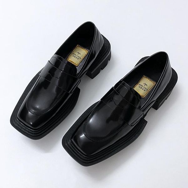 

dress shoes men's genuine leather high sole casual man japan korean streetwear vintage square toe cowhide derby, Black