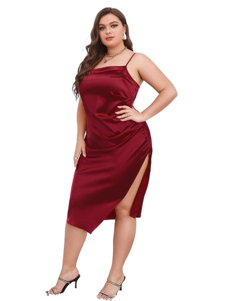 

plus split thigh ruched cami dress 60pc#, Black