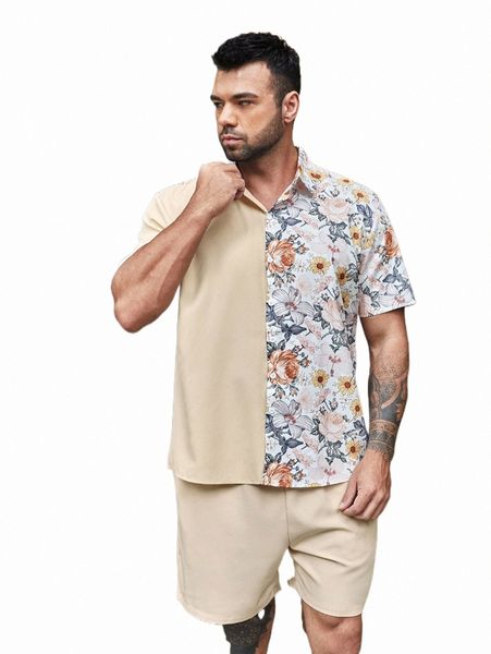 

extended sizes men color block floral print shirt & shorts w1di#, Gray