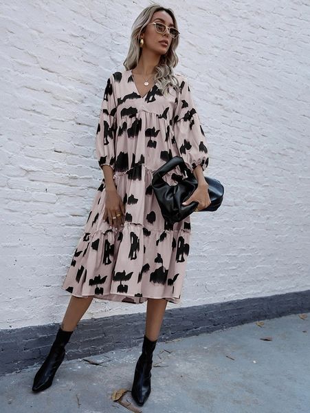 

all over print v-neck ruffle hem smock dress x5eu#, Black;gray