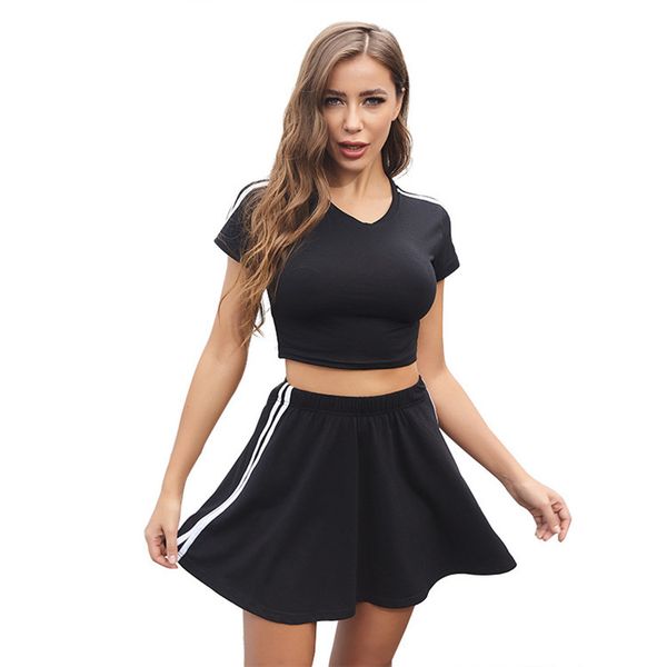 

pure color striped women tracksuits short sleeved blouse skirt women summer sports suit slim fit 2 piece, Gray