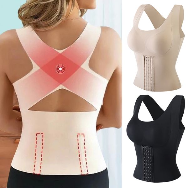 Kadınlar 3in1 Vücut Shapewear Duruş Düzeltici İç Çamaşırı Karın Kontrolü Geri Destek Yukarı Sutyen Şakacı Yuvarlak Yuvarlak Yuva İnce Tank Top Korse 220812