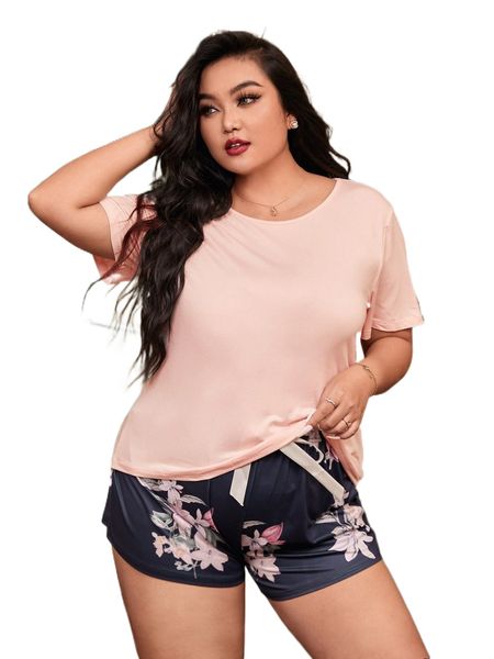 

plus solid tee & floral print shorts pj set h2mp#, Black;white