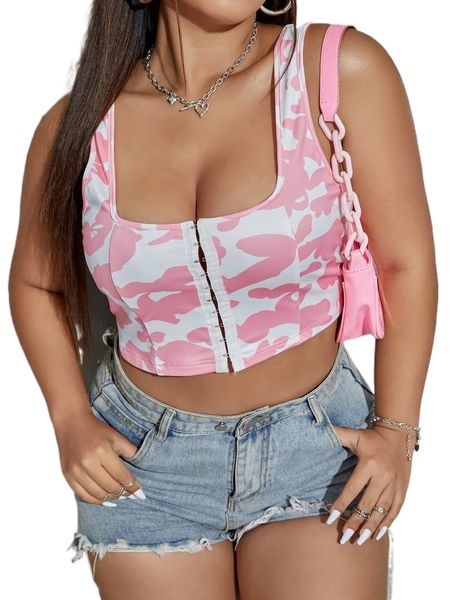

plus allover print hook and eye crop tank 85rd#, Black