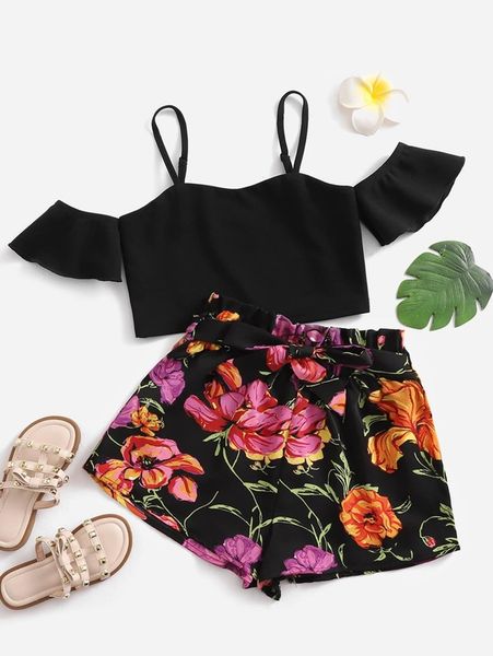 

girls cold shoulder & floral print paperbag waist belted shorts she, White