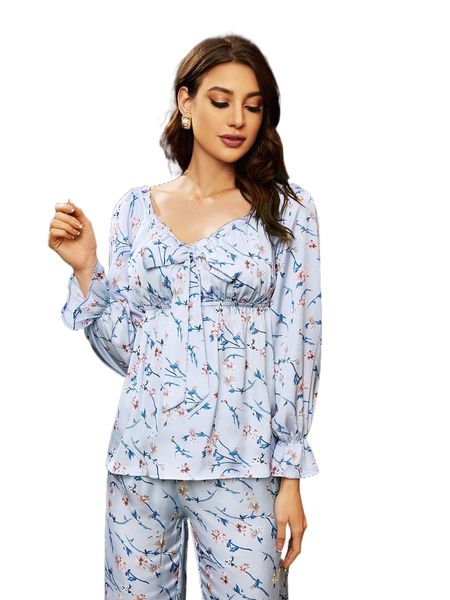 

floral print tie front & frill trim pants pj set 589d#, Black;red