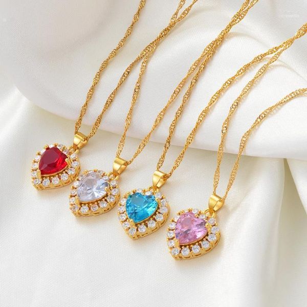Подвесные ожерелья Anniyo Heart Charm Women Girl Girl Gold Color Cz Каменное ожерелье ювелирные украшения африканский арабский Ближний Восток #001537 ELLE22