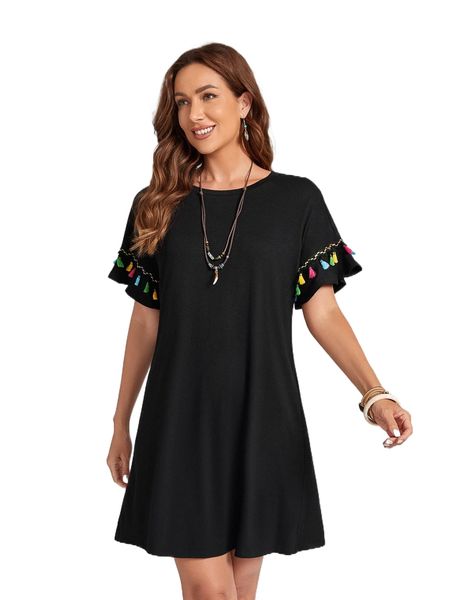 

emery rose tassel trim batwing sleeve dress r1gn#, Black;gray