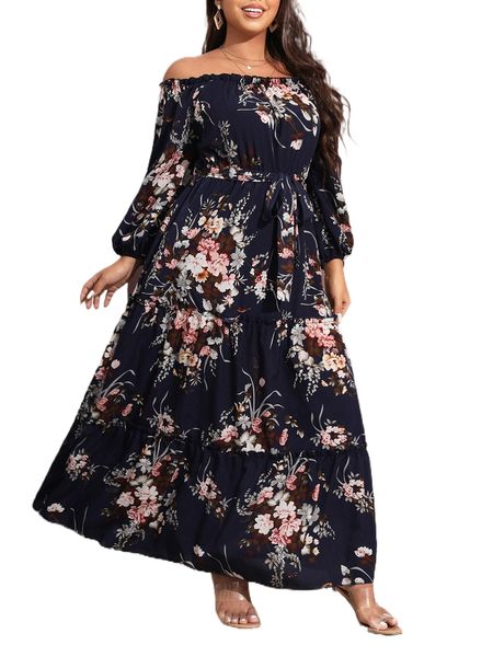 

plus floral print off shoulder bishop sleeve ruffle hem belted dress p5wc#, Black
