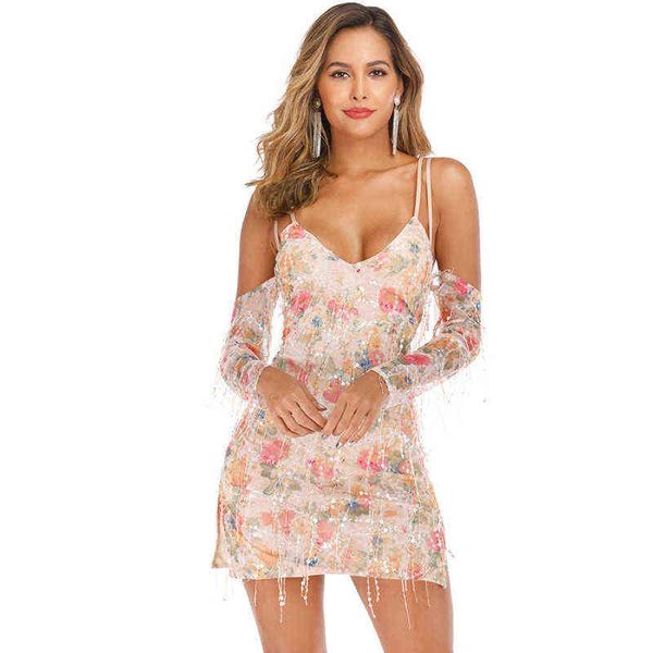 

new women's v-neck off shoulder suspender printed tassel sequin dress, Black;gray