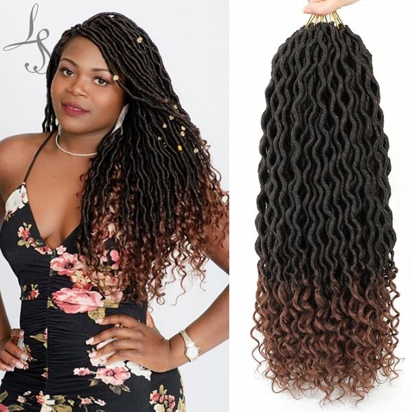 

18" faux locs crochet hair wavy goddess with curly ends soft pre looped synthetic braiding hair extension river ls12, Black