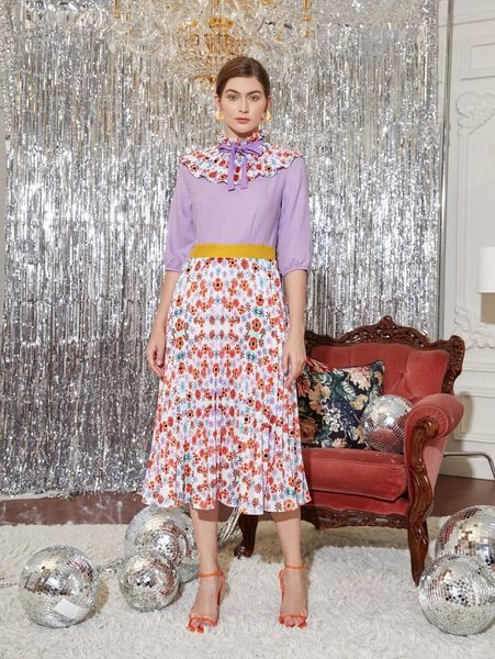 

x angela ruffle neck bow front floral dress e7tr#, Black;gray