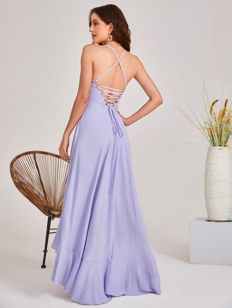 

lace up backless ruffle asymmetrical hem slip dress w6wg#, Black;gray