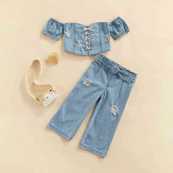 

citgeett summer beautiful children girls 2 piece clothing sets off shoulder short sleeve denim blue t shirts tlong pants clothing j220711, White