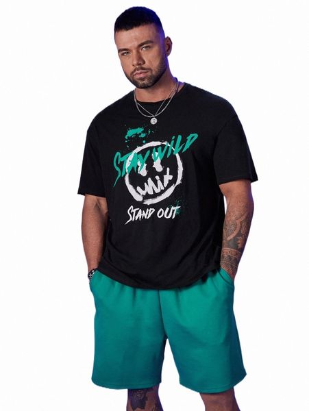 

extended sizes men expression & letter graphic tee & shorts 53jy#, Gray