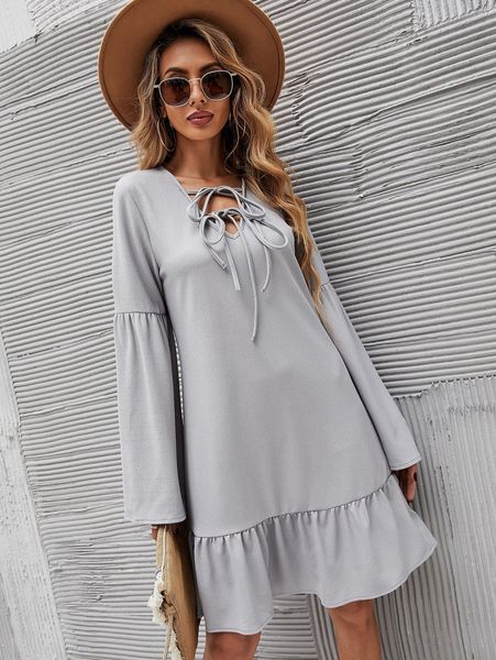 

tie front bell sleeve smock dress l0jp#, Black;gray