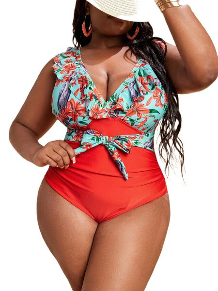 

plus floral print ruffle trim ruched knot front one piece swimsuit w7wx#, White;black