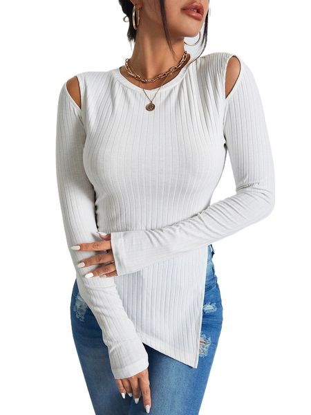 

cut out asymmetrical split hem tee 331c#, White