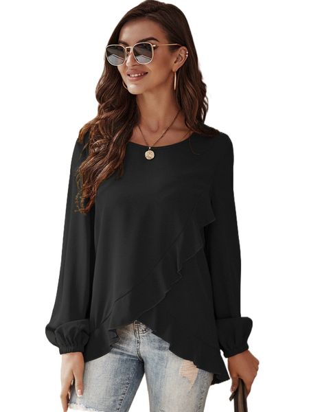 

ruffle trim wrap front lantern sleeve blouse y8ca#, White