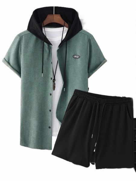 

men letter patched colorblock drawstring hooded shirt & shorts without tee p5q7#, Gray