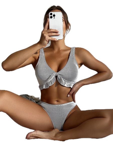 

striped frill trim bikini swimsuit i6mj#, White;black