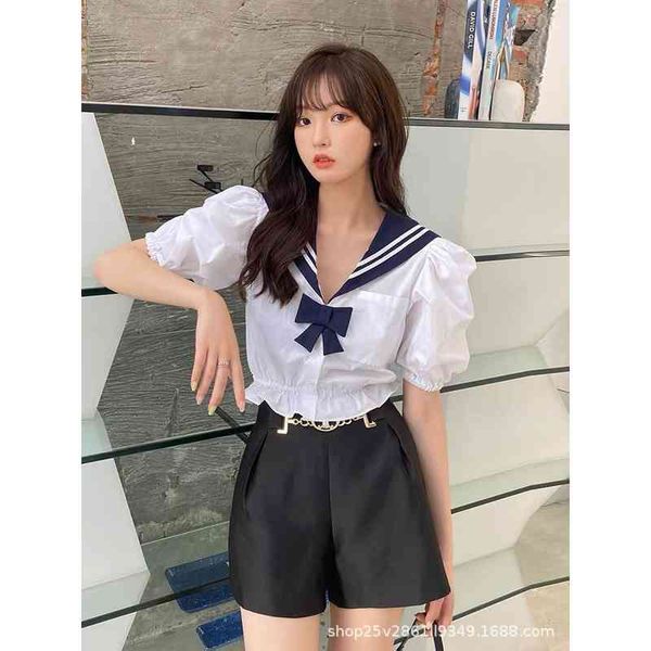 

women's blouses & shirts 's spring and summer bow decoration young girl's shirt v-shaped navy collar design contrast color, White