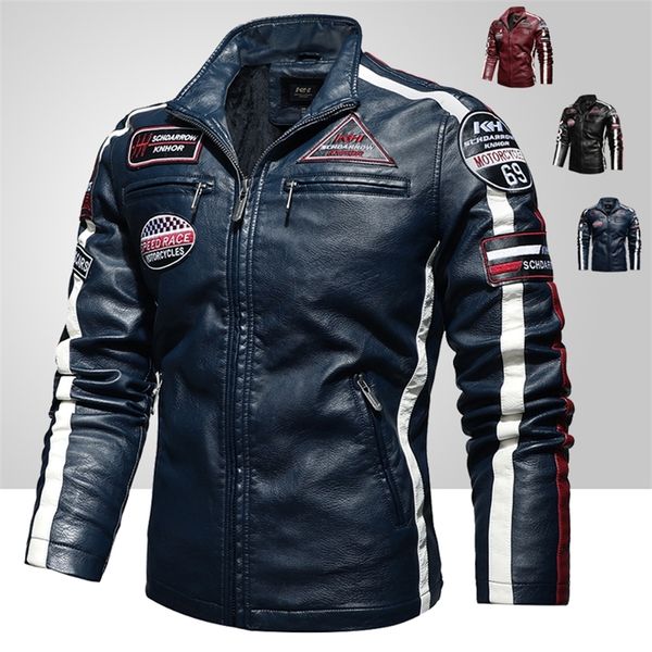 

men's leather faux leather mens vintage motorcycle jacket men fashion biker leather jacket male embroidery bomber coat winter fleece pu, Black