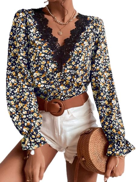 

floral print guipure lace trim flounce sleeve blouse f7te#, White